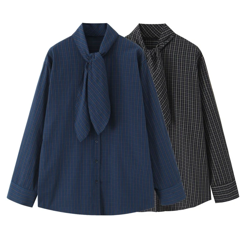 가을 스카프 칼라 긴 소매 싱글 브레스티드 체크 셔츠 여성 다용도 패셔너블 블라우스 여성 캐주얼 시크웨어 2025