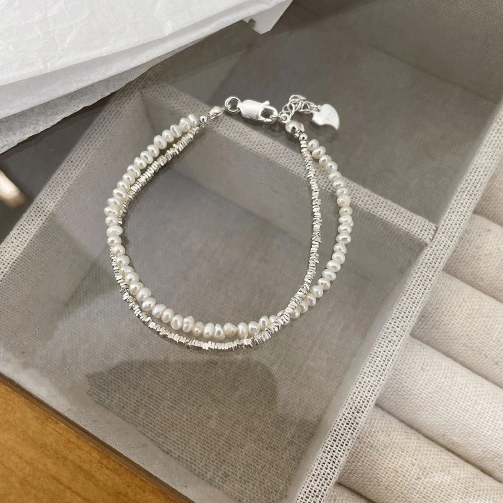 여성용 925 실버 더블 레이어 진주 팔찌 소녀 디자인 비즈 주얼리