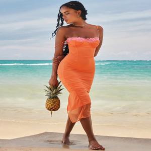 메쉬 레이스 스파게티 스트랩 섹시한 원피스, 우아한 저녁, 여름 원피스 백리스 파티, 긴 미디 원피스, 2024