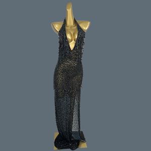 검은 술 반짝 이는 크리스탈 딥 브이 넥 이브닝 가운 로우 컷 롱 드레스 생일 축하 파티 사진 촬영 착용 Wulongweibo