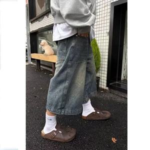 미국 레트로 워싱 하이 스트리트 청반바지 루즈 스트레이트 와이드 레그 캐주얼 다용도 6부/7부 팬츠 남녀공용