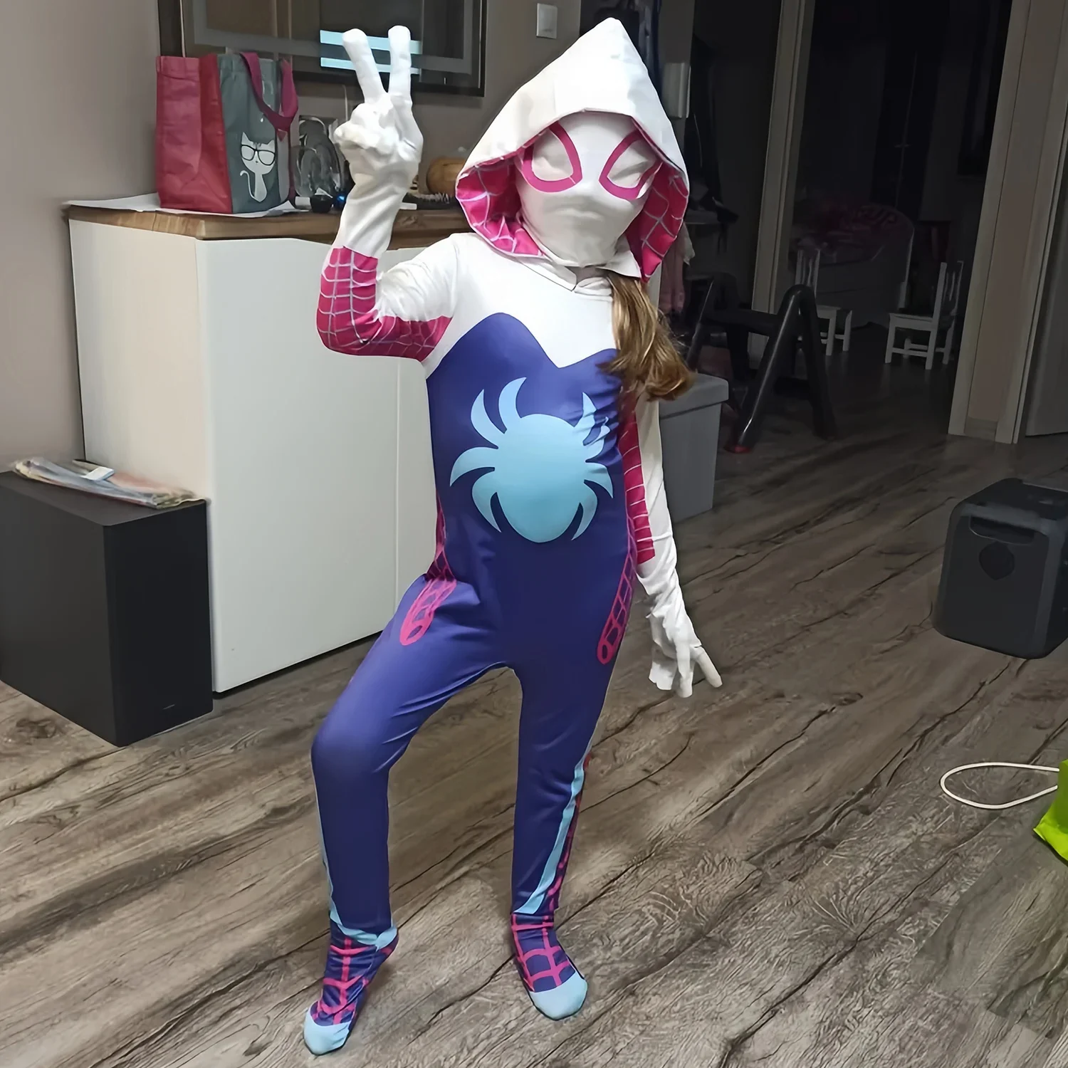 여자 그웬 스테이시 스파이더 의상 바디 슈트 점프 슈트 성인 키즈 할로윈 코스프레 파티 의상 판타지 드레스 마스크 후드 슈트