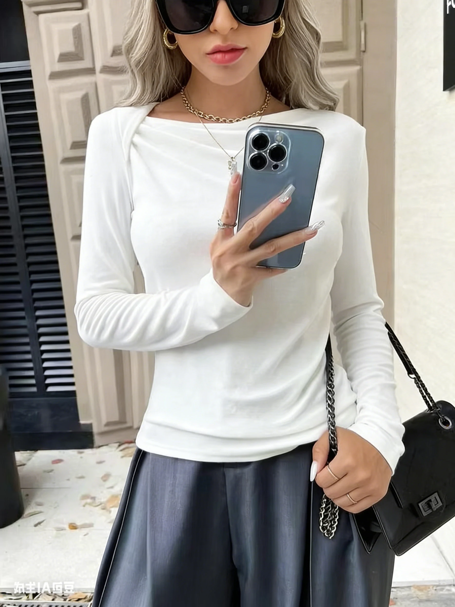 긴팔 크롭탑 여성 기본 티셔츠 가을 폴오버 솔리드 스큐넥 티셔츠 스트릿웨어 베이직 블랙 Y2K 티