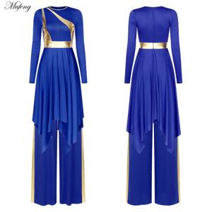 여성 liturgical 칭찬 댄스 복장 긴 소매 금속 반짝 이는 예배 복장 바지 교회 합창단 성능 왈츠 댄스웨어