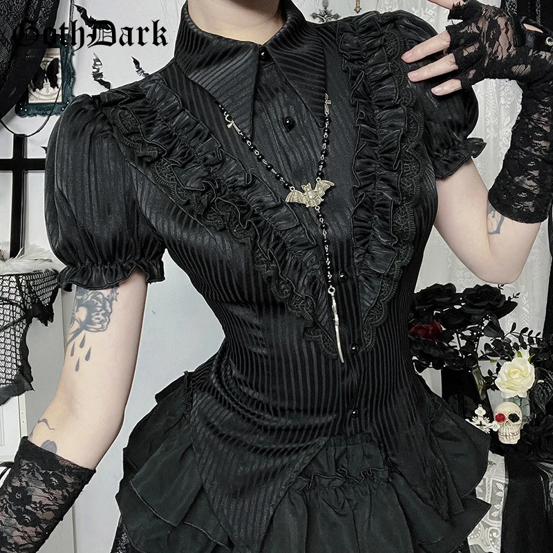 고스 다크 카와이 블랙 반팔 버튼 셔츠 레이스업 블라우스 몰 고딕 슬림 라펠 칼라 스트라이프 셔츠 여성 알트 테크웨어