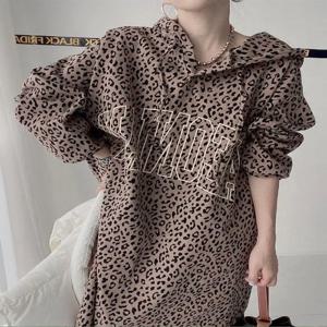 플러스 사이즈 아메리칸 레오파드 프린트 후드 긴팔 드레스 여성용 루즈 스웨트셔츠 롱 드레스 봄 가을 캐주얼 스타일 A라인 스커트