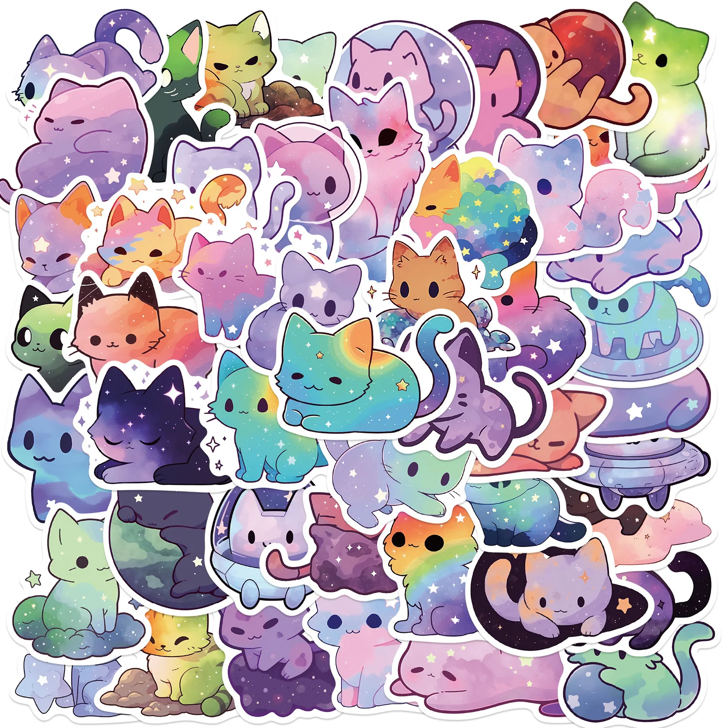 50/100Pcs 만화 무지개 별이 빛나는 하늘 고양이 스티커, 물병, 노트북, 전화용 귀여운 미적 고양이 방수 스티커,