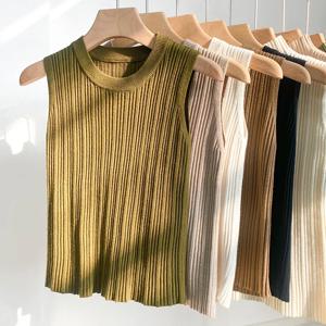 민소매 블라우스 셔츠 여성용 O넥 골지 니트 베스트 탱크 플레인 베스트 탑 여름 여성 기본 캐주얼 탑 의상