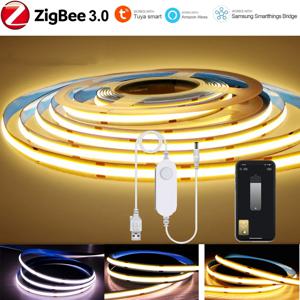 5V USB Tuya Zigbee 3.0 COB LED 스트립 빛 1m-5m 따뜻한 흰색 유연한 디밍이 가능한 조명 320leds/m 홈 인테리어 Alexa Google