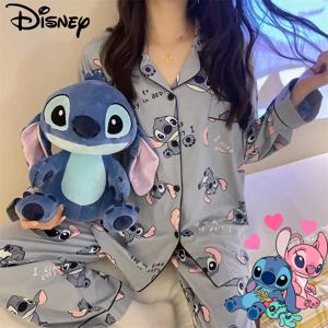 디즈니 스티치 잠옷 여성 패션 긴팔 바지 턴 다운 칼라 셔츠 Nightwear Ladies Cartoon Home Sleepwear Cute