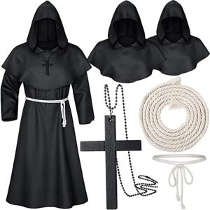 중세 수도사 후드 망토 마법사 사제 의상, 할로윈 로브, 마법사 나이트 케이프, 성인 10 대 복장, 파티 소품 세트