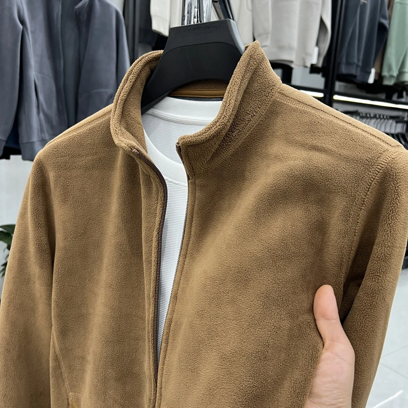 야외용 플리스 안감 스탠드 칼라 남성용 가디건 지퍼 양면 플리스 보온 캐주얼웨어 가을 겨울 긴팔