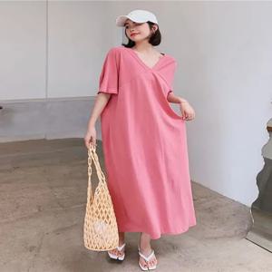 플러스 사이즈 300파운드 롱 드레스 여성 여름 신상 200파운드 루즈핏 무릎 길이 반팔 티셔츠 드레스 캐주얼 폴리에스터 섬유 스트레이트 튜브 V넥 원피스