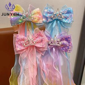 눈송이 머리핀 대형 활 스팽글 리본 머리핀 탑 클립 소녀 공주 크라운 클립 어린이를위한 땋은 머리 장식