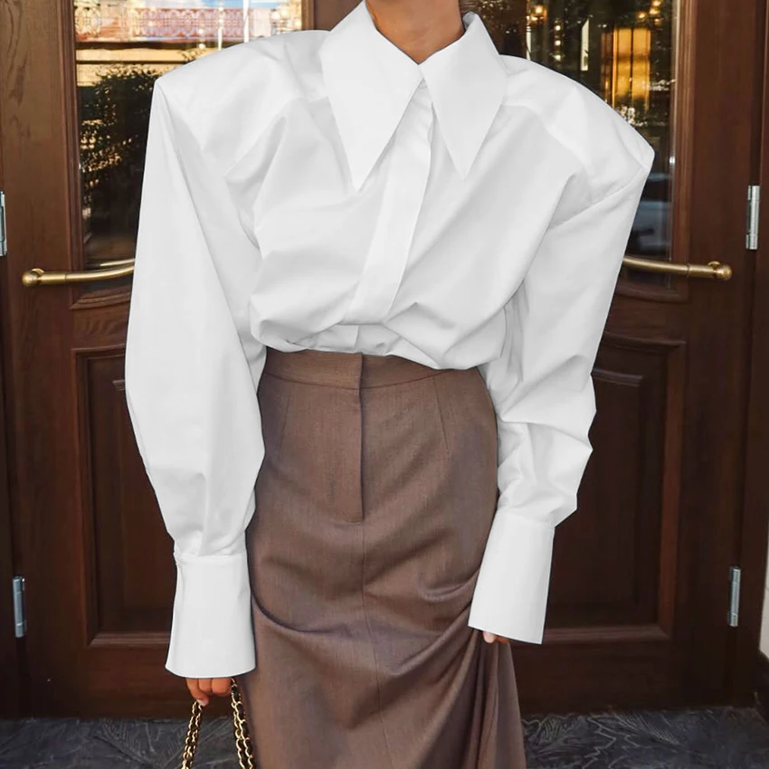리나드 가을 우아한 화이트 퍼프 소매 셔츠 오피스룩 싱글 버튼 여성 블라우스 2025 스트릿 시크 턴다운 칼라 탑