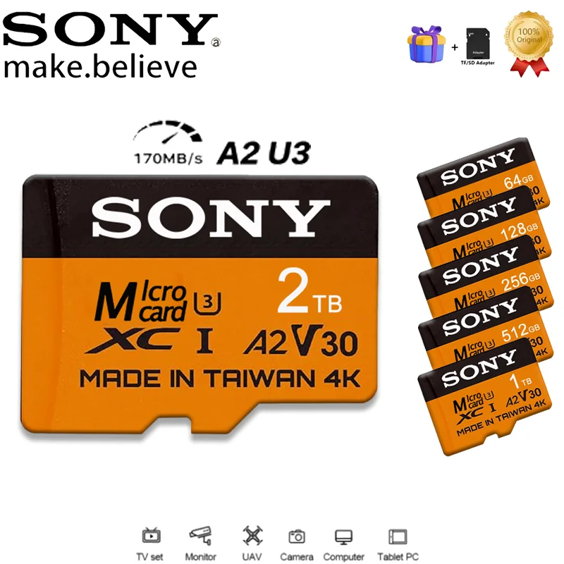 소니 2TB 고속 V30 A2 4K SD 카드 512GB 256GB 128GB 메모리 카드 1TB 마이크로 TF SD 어댑터 (스마트폰/태블릿/PC 겸용)