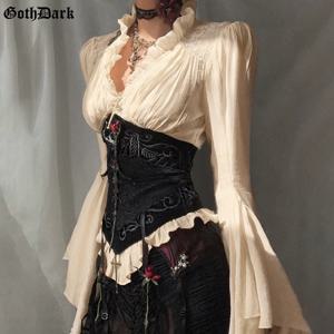 고스 다크 빈티지 패션 블라우스 셔츠 여성 배트윙 슬리브 몰 고딕 브이넥 슬림 셔츠 탑스 장식된 할로윈 의상