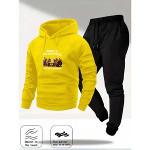 후드티 세트 노란색 남성용 스웨트셔츠, 철학을 생각하는 것을 위해 태어났다, 일해야 한다라는 프린트와 캐주얼 착용 및 선물용 만화 디자인