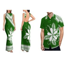 폴리네시아 전통 여성 드레스 부족 디자인 꽃무늬 백리스 민소매 롱 섹시 슬림 커플 드레스 남성 캐주얼 셔츠