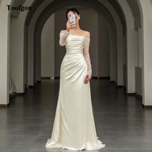 Toofgon 맞춤형 레이스 긴팔 웨딩 드레스 시스 플리츠 스판덱스 새틴 웨딩 신부 가운, 신부 격식 있는 파티 원피스