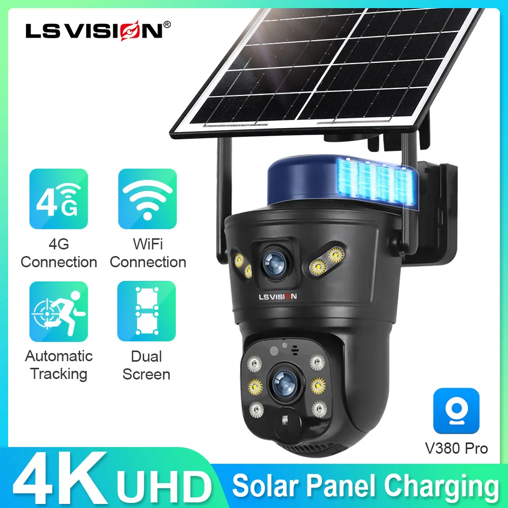 LS VISION 4G /WIFI 야외 태양광 카메라 8MP 듀얼 렌즈 PIR Sim 카드 야간 투시경 방수 보안 Camara 배터리 CCTV 내장