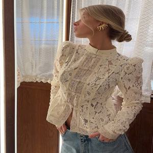 레트로 중국풍 속이 비치는 레이스 허리 셔츠 여성 시크 O넥 긴팔 슬림 니트 블라우스 여름 2025 여성 신상 하이스트릿 탑