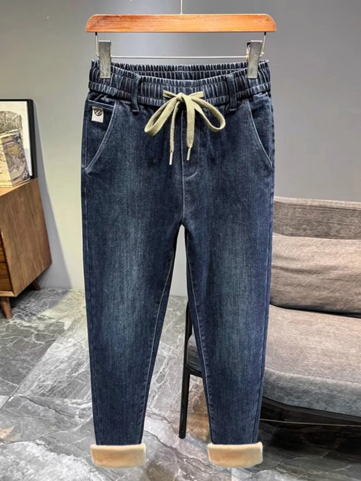 남성 캐주얼 밴딩 플리스 안감 스트레이트 진 프리미엄 데님 겨울 따뜻한 트렌디 청바지 롱 팬츠