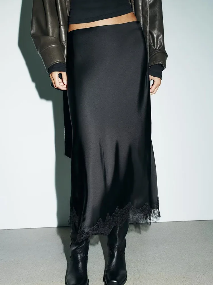 달콤하고 세련된 레이스 트림 실크 새틴 질감 미디 스커트 여성 의류 가을 신상품 무대 의상 민족 의상