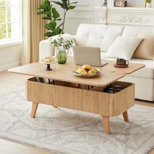 3 in 1 플루티드 컨버터블 리프트 탑 커피 테이블, 식탁으로 변형 가능, 모던 오벌 우드 센터 테이블, 거실용