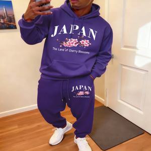 2피스 후드티 세트 남성용 일본 벚꽃 프린트 스웨트팬츠 겨울 루즈핏 플리스 조깅복 스포티 포켓 의류