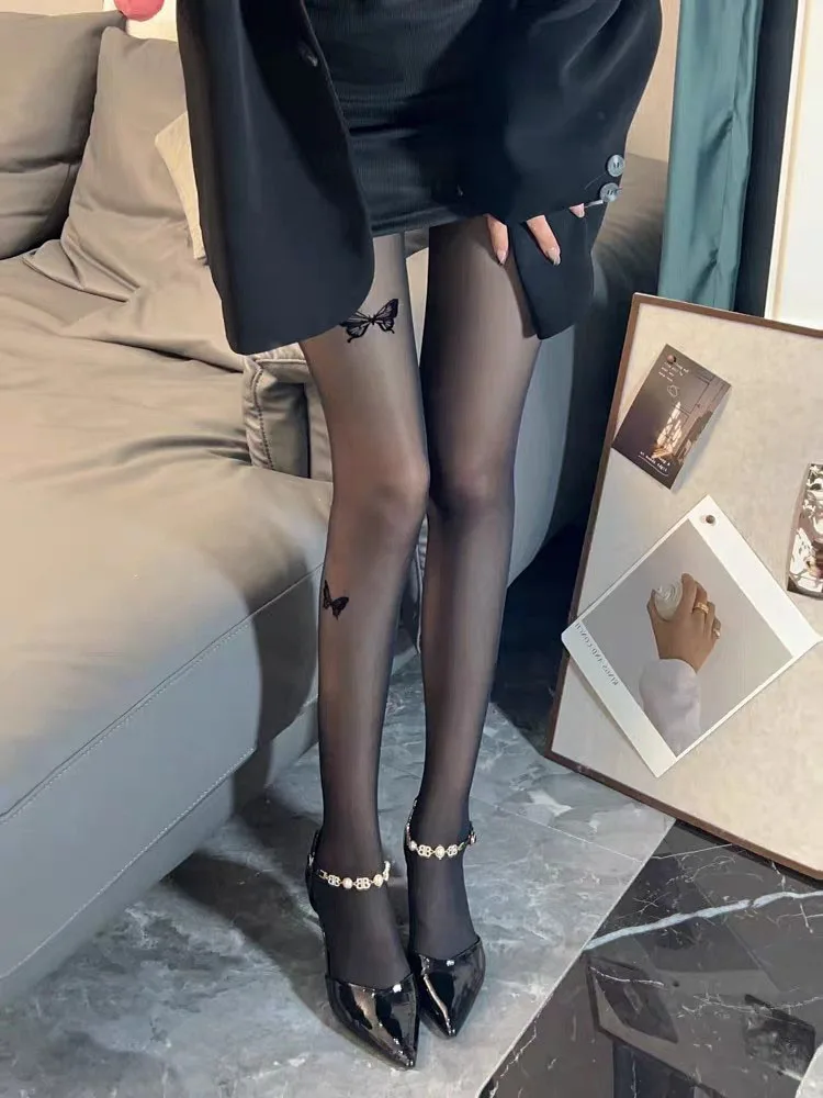 여성용 섹시한 나비 프린트 레깅스 스타킹, 용수철 패션, 고탄성 스타킹, 피부 효과 슬림 팬티스타킹, 80g, 2025 신상