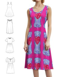 핫 핑크 구미 베어 2.0 보헤미안 민소매 드레스 멀티 프린트 비치 휴가 파티 드레스 핫 핑크 핑크 구미 베어 하트 하트