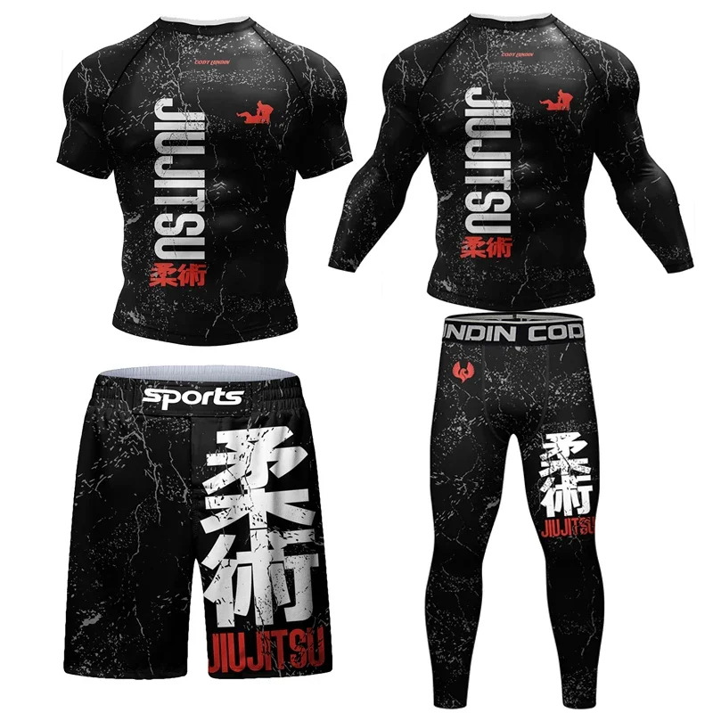 새로운 Jiu Jitsu Rashguard MMA 티셔츠 + 남성용 바지 4 개/대 브라질 격투 Bjj 복싱 러쉬 가드 스포츠 의류 체육관 반바지