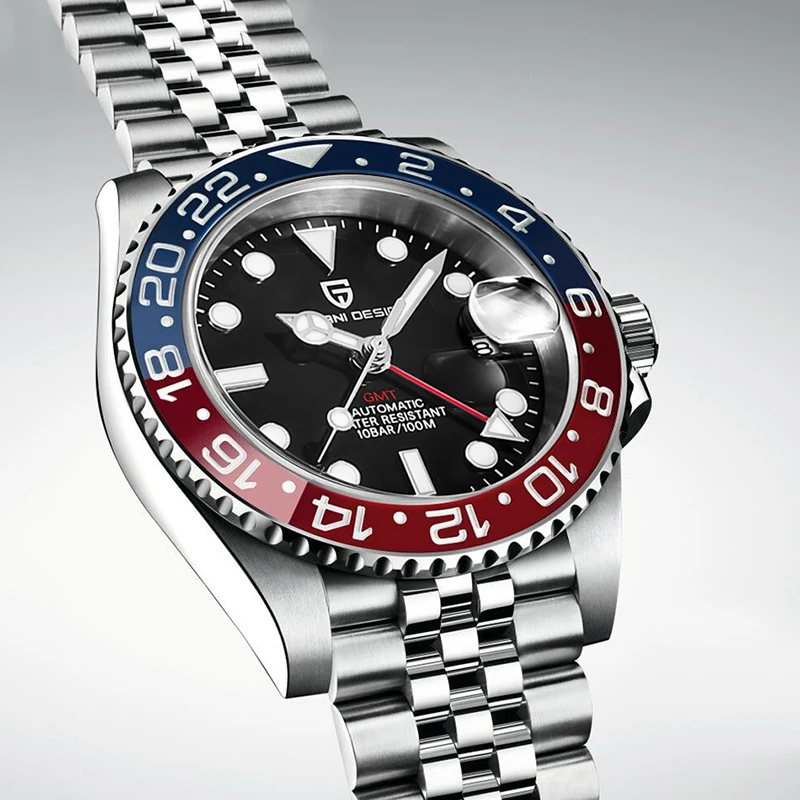PAGANI 디자인 PD-1662 럭셔리 GMT 남성 기계 손목 시계 사파이어 유리 스테인레스 스틸 100M 방수 자동 시계
