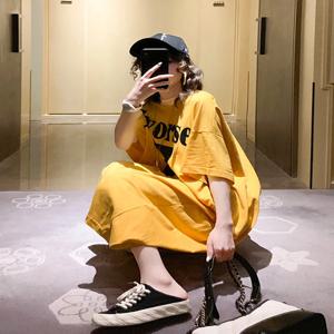 여름 한국 스타일 롱 오버니 반팔 티셔츠 드레스 여성 섹시 백리스 루즈 플러스 사이즈 여성 롱 드레스