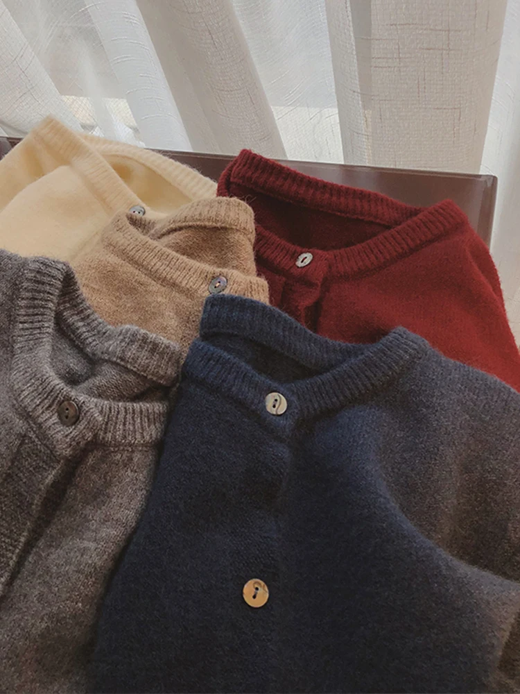 캐주얼 라운드넥 캐시미어 니트 오픈 가디건 여성 가을 겨울 아우터 스웨터 자켓 스트레이트 한국 스타일 긴팔