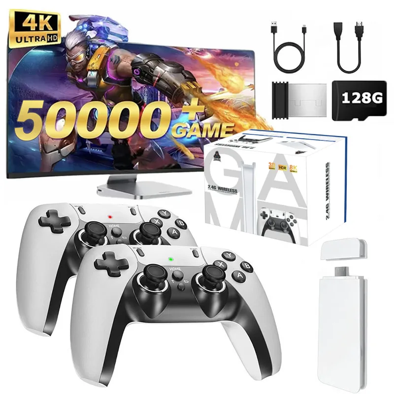 4K TV 게임 스틱 M15 비디오 게임 콘솔 내장 40000+/50000 게임 128G 휴대용 게임 플레이어 무선 컨트롤러 레트로 게임 패드