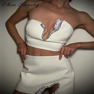 섹시한 비대칭 라인 석 짧은 치마 세트 여성 솔리드 Strapless 민소매 자르기 탑 미니 스커트 2025 여름 레이디 우아한 가운