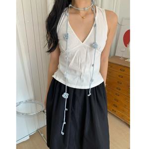 수제 장미 꽃 스카프 긴 실크 스카프 목 워머 Y2K 트렌디 걸 다용도 목걸이 장식 한국 스타일 패션 액세서리