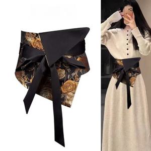 빈티지 호화로운 브로케이드 허리 Cincher 여성 골드 로즈 자카드 새틴 타이 프론트 보우 와이드 모래시계 맞는 드레스/스커트 레이어링 벨트