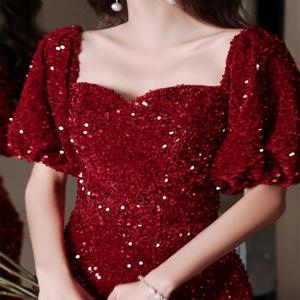 우아한 스팽글 이브닝 드레스 여성용 신상 2023 파티 호스트 하이웨이스트 플로어 기장 반팔 U넥 벨벳 원피스