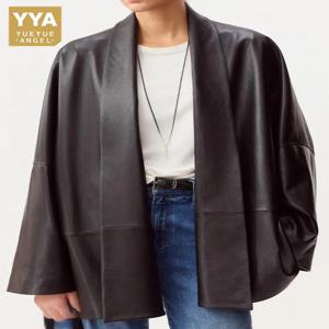 간결한 스타일 여성용 단색 천연 가죽 재킷 루즈핏 V넥 수제 긴 소매 우아한 패션 양가죽 아우터웨어
