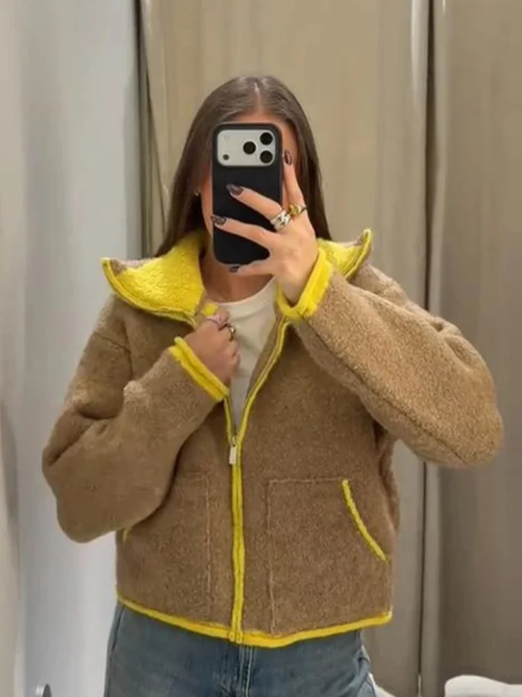 여성 캐주얼 컬러 블록 니트 가디건 스탠드 칼라 지퍼 포켓 숏 스웨터 겨울 데일리 출퇴근 스트리트 니트웨어