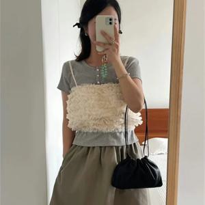 클라우드 백 싱글 숄더백 접이식 양가죽 드로스트링 청소년 여성 가방 한국 스타일 단색 겨울 컬렉션