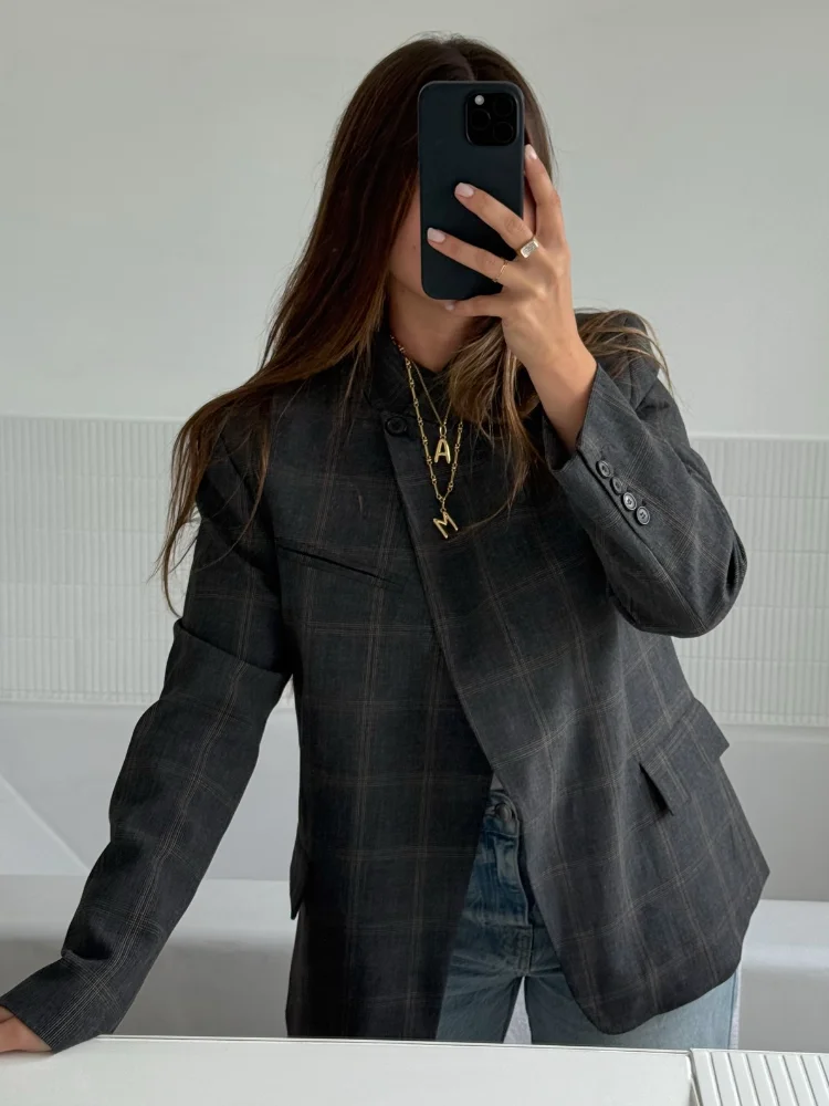 불규칙한 체크무늬 블레이저 여성 재킷 패션 스탠드 칼라 긴 소매 스플릿 루즈 숏 재킷 2025 여성 일상 출퇴근 아우터