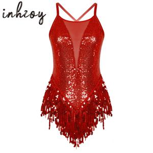 Womens Sparkly Tassel Bodysuit 스팽글 체조 발레 댄스 레오타드 드리 워진 점프 슈트 라틴 재즈 댄스 공연 의상