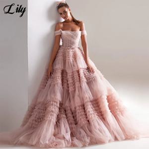 릴리 핑크 네트 포멀 원피스 레이어드 레이어로 묶음없는 파티 원피스, 오프숄더 웨딩용 특별한 날 드레스