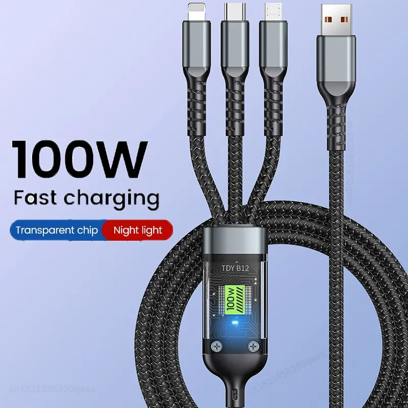 3 In 1 100w 투명 고속 충전 케이블 유형 C Usb 마이크로 화웨이 OPPO Vivo 삼성 Xiaomi 파일럿 램프 충전기 Usb C 6A
