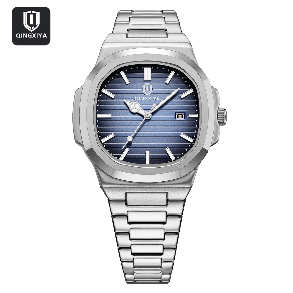QINGXIYA 신형 럭셔리 사각 쿼츠 시계 방수 비즈니스 남성 시계 패션 발광 날짜 표시 스테인리스 남성 시계 reloj