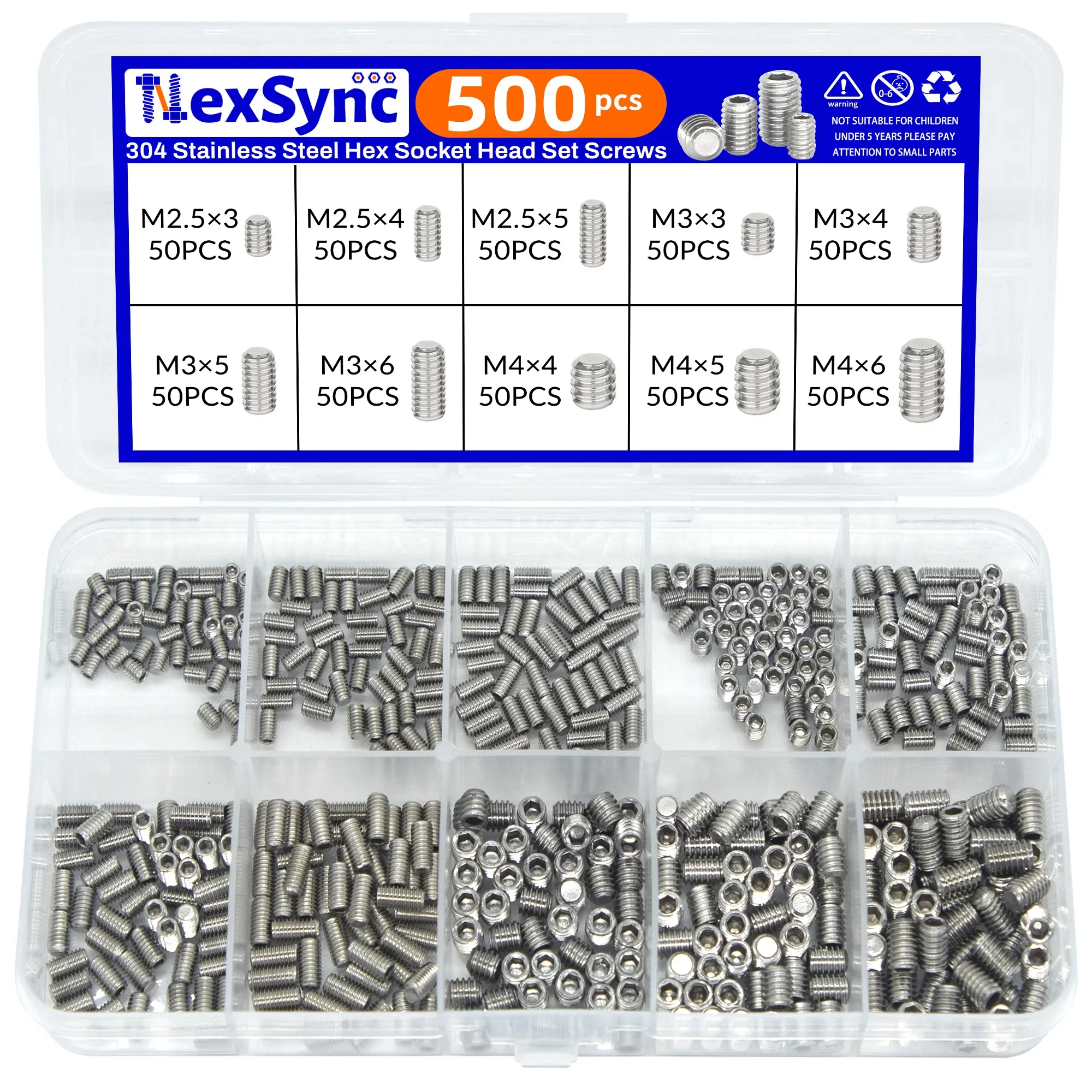 500개 M2.5 M3 M4 DIN913 304 스테인리스 스틸 블랙 육각 소켓 알렌 플랫 포인트 그럽 볼트 세트 스크류 키트 박스